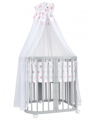 Set Patut Rotund Evolutiv pentru Copii, Multifunctional, 7in1, cu Saltele, Baldachin, Lenjerie si Aparatori Laterale, Transformabil, Masa de Schimbat, Co-Sleeping, Tarc de Joaca, Birou, Scaune, Waldin, Gri, Echipament Bufnite, S17