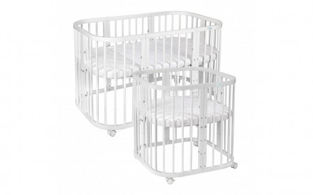 Waldin - Patut Rotund Evolutiv 7in1 Alb, Saltele Incluse, Transformabil, Masa de Schimbat, Co-Sleeping, Tarc de Joaca, Birou, Scaune