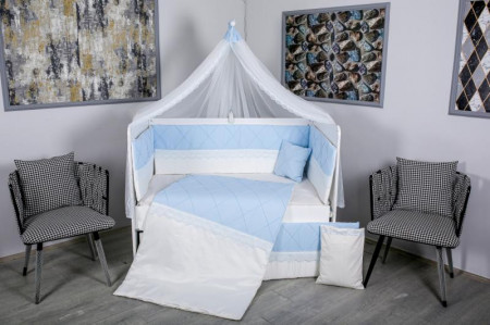 Lenjerie 11 piese pentru patut copii Squars alb-albastru cu baldachin 120x60 cm