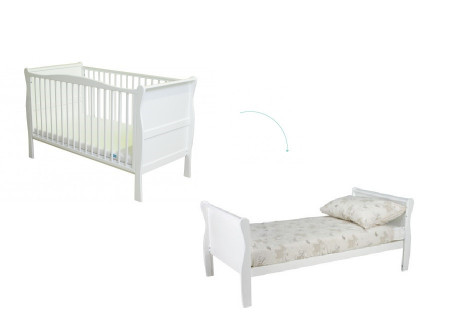 Patut Transformabil din Lemn Masiv de Pin, MDF, 140 x 70 cm, pentru copii si junior, vopsea certificata, 2 trepte de reglare inaltime, protectie theeter, 3 lamele detasabile, Woodies Safe Dreams, Noble, Alb