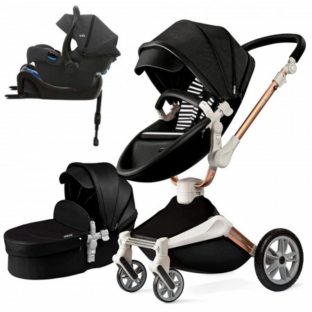 Set 4 in 1 - Carucior Hot Mom 360 Negru 2 in 1 + Scoica auto Joie i-Size i-Gemm 2 Shale + Baza isofix i-Base