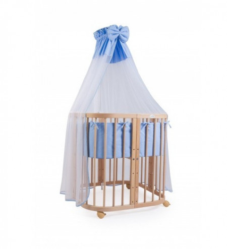 Set Patut Rotund Evolutiv pentru Copii, Multifunctional, 7in1, cu Saltele, Baldachin, Lenjerie si Aparatori Laterale, Transformabil, Masa de Schimbat, Co-Sleeping, Tarc de Joaca, Birou, Scaune, Waldin, Natural, Echipament Albastru, 38