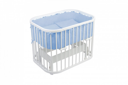 Waldin - Patut pentru copii Rotund 5in1 Alb cu Echipament Albastru, cu Sistem de Leganare, Saltele Incluse, Transformabil, Co-Sleeper, Tarc de Joaca, Masa si Scaun pentru Activitati