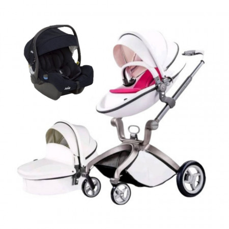 Set 3 in 1 - Carucior Hot Mom Premium Alb 2 in 1, pernita roz + Scoica auto Joie Gemm Navy Blazer