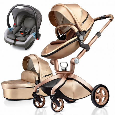 Set 3in1 - Carucior Copii Hot Mom Premium Champagne 2 in 1 + Scoica auto Hot Mom