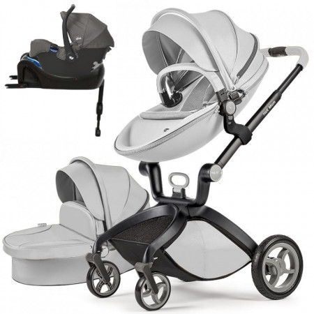 Set 4 in 1 - Carucior Hot Mom Premium Grey 2 in 1 + Scoica auto Joie Gemm Foggy Grey, 0-13kg + Baza isofix i-Base