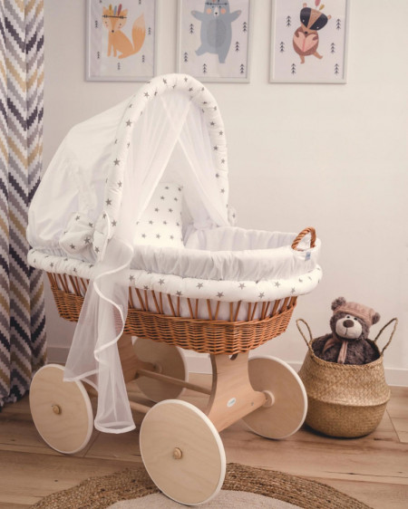 Waldin - Cosulet Moses Natural, din rachita, echipat complet, Alb cu stelute gri
