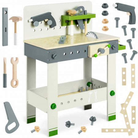 Banc de lucru, atelier de lemn pentru copii, masa cu fierastrau, menghina, scule, accesorii, Ricokids, RC-760
