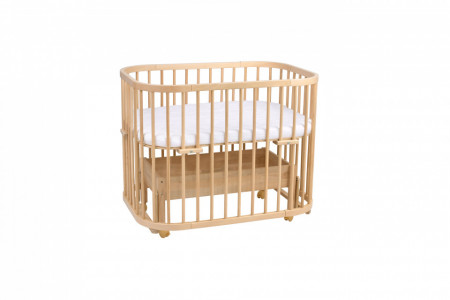 Patut Rotund pentru Copii, Multifunctional, Waldin, 5in1, cu Sistem de Leganare, Saltele Incluse, Co-Sleeper, Tarc de Joaca, Masa si Scaun pentru Activitati, Culoare Lemn Natural