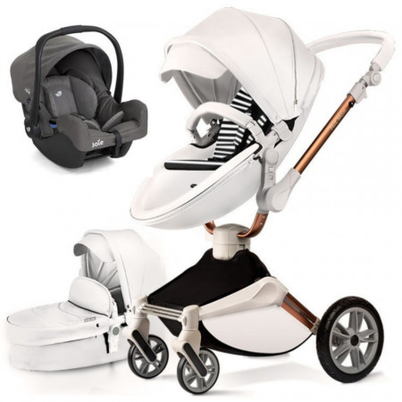 Set 3 in 1 - Carucior Hot Mom 360 Alb 2 in 1 + Scoica auto Joie Gemm Foggy Gray