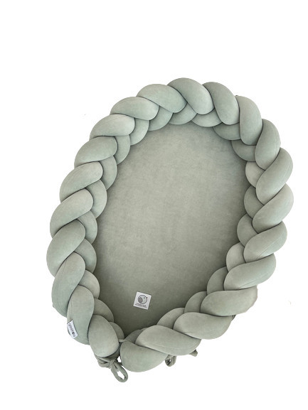 Babynest 2in1 pentru copii, cu margini impletite, din bumbac catifelat, Sparrow Velvet, Eucalipt
