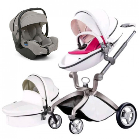 Set 3 in 1 - Carucior Hot Mom Premium Alb 2 in 1 pernita roz + Scoica auto Joie i-Size i-Gemm 2 Pebble