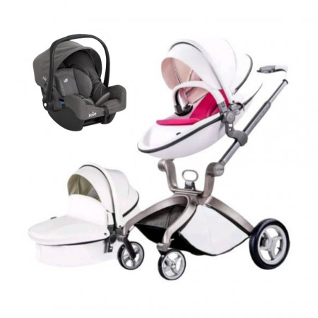 Set 3 in 1 - Carucior Hot Mom Premium Alb 2 in 1, pernita roz + Scoica auto Joie Gemm Foggy Gray