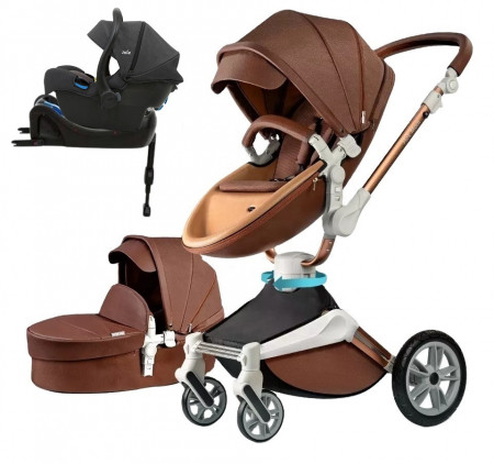 Set 4 in 1 - Carucior Hot Mom 360 Coffe 2 in 1 + Scoica auto Joie i-Size i-Gemm 2 Shale + Baza isofix i-Base