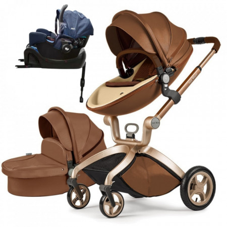 Set 4 in 1 - Carucior Hot Mom Premium Coffe 2 in 1 + Scoica auto Joie Gemm Navy Blazer, 0-13kg + Baza isofix i-Base
