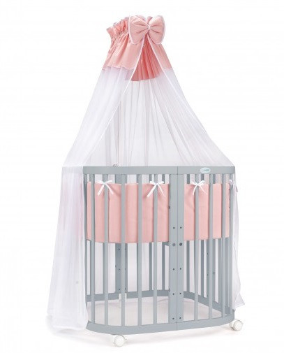 Set Patut Rotund Evolutiv pentru Copii, Multifunctional, 7in1, cu Saltele, Baldachin, Lenjerie si Aparatori Laterale, Transformabil, Masa de Schimbat, Co-Sleeping, Tarc de Joaca, Birou, Scaune, Waldin, Gri, Echipament Roz, 77