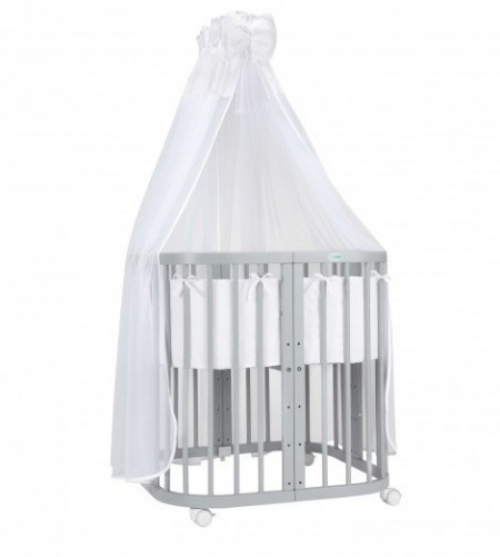 Set Patut Rotund Evolutiv pentru Copii, Multifunctional, 7in1, cu Saltele, Baldachin, Lenjerie si Aparatori Laterale, Transformabil, Masa de Schimbat, Co-Sleeping, Tarc de Joaca, Birou, Scaune, Waldin, Gri, Echipament Alb, 88