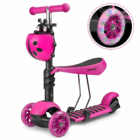 Trotineta de echilibru, cu scaun reglabil, pentru copii, Ricokids, Buggy, cu 3 roti, lumini LED, pliabila, ghidon reglabil, pana la 35 kg, Roz
