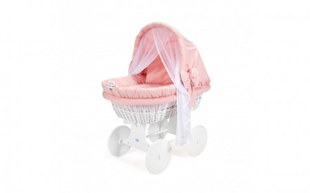 Cosulet din rachita, pentru bebe, cu saltea, patura 80 x 80 cm, baldachin, perna, Waldin, Alb, Echipament Pink, 77