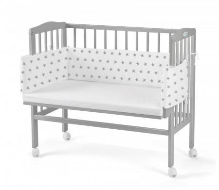 Patut pentru copii 2in1, 90 cm x 55 cm, lemn de fag, vopsea certificata, roti blocabile, laterala detasabila, co-sleeping, Saltea inclusa, Aparatoare laterala din bumbac, Waldin, Cover, Gri, 8S1