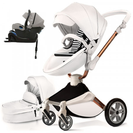 Set 4 in 1 - Carucior Hot Mom 360 Alb 2 in 1 + Scoica auto Joie i-Size i-Gemm 2 Pebble + Baza isofix i-Base