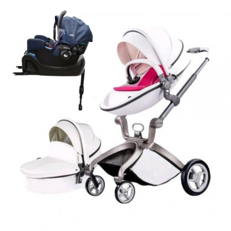 Set 4 in 1 - Carucior Hot Mom Premium Alb 2 in 1, pernita roz + Scoica auto Joie Gemm Navy Blazer, 0-13kg + Baza isofix i-Base