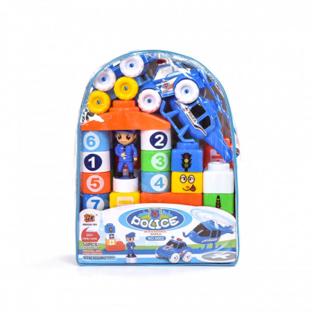 Set de construit educativ, Police Intellegence World, Cuburi calcule de matematica, masina, elicopter, ofiter de politie, 50 de piese