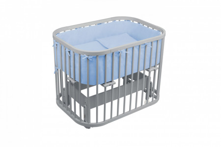 Waldin - Patut pentru copii Rotund 5in1 Gri cu Echipament Albastru, cu Sistem de Leganare, Saltele Incluse, Transformabil, Co-Sleeper, Tarc de Joaca, Masa si Scaun pentru Activitati