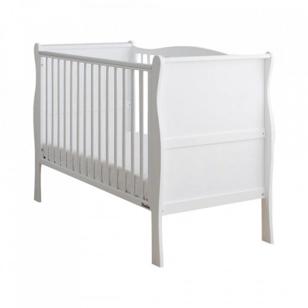 Patut Bebe Din Lemn de Pin Masiv, 120 x 60 cm, Design Impunator, Confortabil, Rezistent, 2 niveluri reglare inaltime saltea, 3 lamele detasabile, Woodies Safe Dreams, Noble Cot, Alb