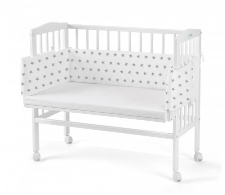 Patut pentru copii 2in1, 90 cm x 55 cm, lemn de fag, vopsea certificata, roti blocabile, laterala detasabila, co-sleeping, Saltea inclusa, Aparatoare laterala din bumbac, Waldin, Cover, Alb, 8S1