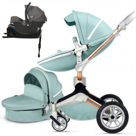 Set 4 in 1 - Carucior Hot Mom 360 Blue 2 in 1 + Scoica auto Joie Gemm Foggy Grey, 0-13kg + Baza isofix i-Base
