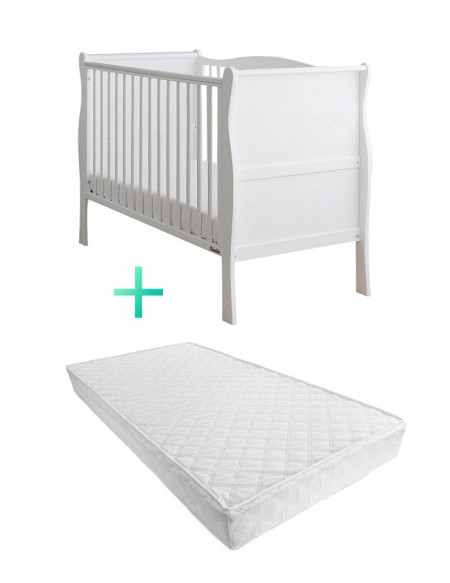 Set Patut Transformabil din Lemn Masiv de Pin, MDF, 140 x 70 cm, pentru copii si junior, 2 trepte de reglare inaltime, 3 lamele detasabile, Woodies Safe Dreams, Noble, Alb + Saltea pentru patut copii, Mykids, Cocos, Confort II, 140 x 70 x 10 cm