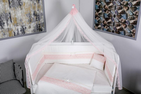 Lenjerie 11 piese pentru patut copii Cream roz cu baldachin 120x60 cm