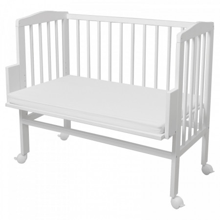 Patut pentru copii 2in1, 90 cm x 55 cm, lemn de fag, vopsea certificata, roti blocabile, laterala detasabila, co-sleeping, Saltea inclusa, Waldin, Alb