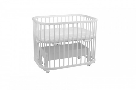 Waldin - Patut pentru copii Rotund 5in1 Alb, cu Sistem de Leganare, Saltele Incluse, Transformabil, Co-Sleeper, Tarc de Joaca, Masa si Scaun pentru Activitati