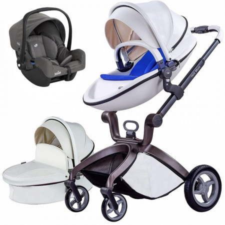 Set 3 in 1 - Carucior Hot Mom Premium Alb 2 in 1, pernita albastra + Scoica auto Joie Gemm Foggy Grey