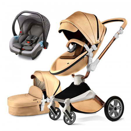 Set 3in1 - Carucior Copii Hot Mom 360 Champagne 2 in 1 + Scoica auto Hot Mom