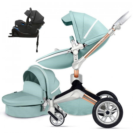 Set 4 in 1 - Carucior Hot Mom 360 Blue 2 in 1 + Scoica auto Joie i-Size i-Gemm 2 Shale + Baza isofix i-Base