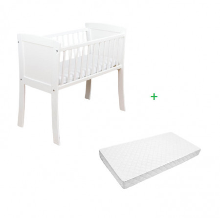 Set - Mini Patut pentru copii, Woodies Safe Dreams Classic Crib, 90 x 40 cm, din lemn de pin, laterale MDF, Alb + Saltea Confort II 90 cm x 40 cm x 8 c