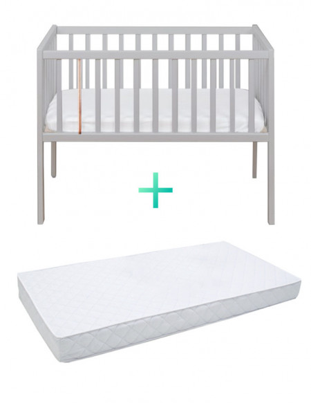 Set Patut pentru Copii, din Lemn de Pin Masiv, 90 x 40 cm, Woodies Safe Dreams, Crib Stardust Grey + Saltea pentru patut copii, husa cu fermoar, detasabila, Mykids, Cocos, Confort II, 90 x 40 x 8 cm