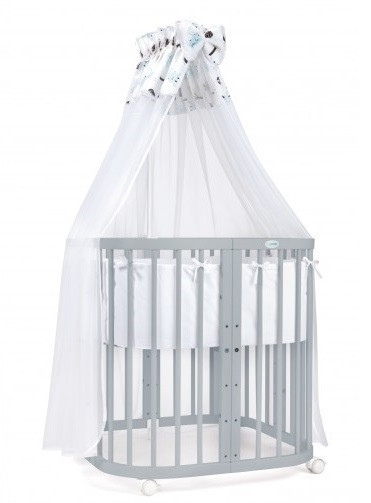 Set Patut Rotund Evolutiv pentru Copii, Multifunctional, 7in1, cu Saltele, Baldachin, Lenjerie si Aparatori Laterale, Transformabil, Masa de Schimbat, Co-Sleeping, Tarc de Joaca, Birou, Scaune, Waldin, Gri, Echipament Bufnite, 8L