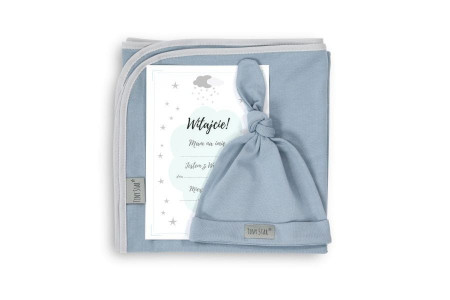Set pentru bebelusi nou-nascuti, Paturica de Infasat, Bumbac, 100 cm x 100 cm, Certificat amintire, Caciuliuta 0 - 3 luni, Tiny Star, Bluebell