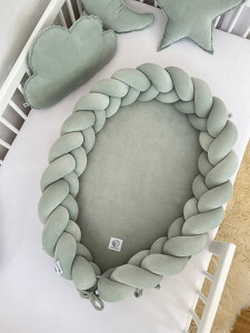 Babynest 2in1 pentru copii, cu margini impletite, din bumbac catifelat, Sparrow Velvet, Eucalipt