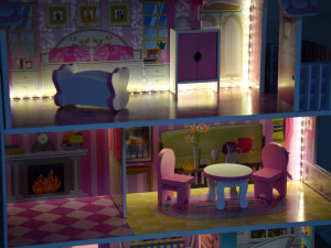 Casuta din lemn pentru papusi, cu etaj si mansarda, lumini LED, accesorii, 70 x 60 x 24 cm, Jokomisiada, ZA4130