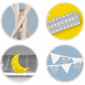 Cort de joaca pentru copii, cu fereastra, 3 perne, lumini, 120x120x165, Ricokids, Gri cu Alb si Stelute, 740400