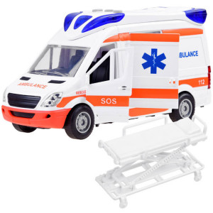 Masinuta de jucarie, Ambulanta, cu lumini si sunete, usa, targa pentru brancardier, 37 cm