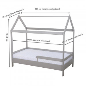 Patut din lemn pentru copii, Babyneeds Montesorri, Casuta, 160x80 cm, Gri