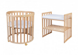 Patut Oval Evolutiv pentru Copii, Multifunctional, 7in1, Saltele Incluse, Transformabil, Masa de Schimbat, Co-Sleeping, Tarc de Joaca, Birou, Scaune, Waldin, Natural