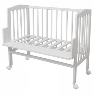 Patut pentru copii 2in1, 90 cm x 55 cm, lemn de fag, vopsea certificata, roti blocabile, laterala detasabila, co-sleeping, Saltea inclusa, Waldin, Alb