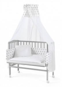 Patut pentru copii 2in1, 90 cm x 55 cm, lemn de fag, vopsea certificata, roti blocabile, laterala detasabila, co-sleeping, Saltea inclusa, Aparatoare laterala din bumbac, Baldacin cu Suport Metalic, Waldin, Equipment, Gri, 8S1